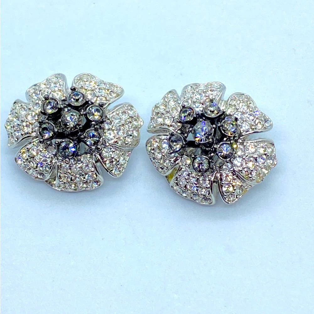 Vintage Nolan Miller Clear and Black Sparkling Crystal Silver Tone Clip Earrings